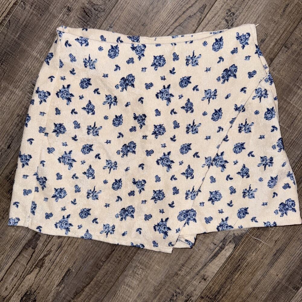Altar'd State Cream Blue Floral Mini Skirt Skort Corduroy Cottagecore Coquette